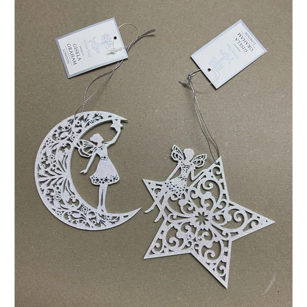 Gisela Graham London Christmas Ornaments Wooden Star and Moon Fairy Cutout Set